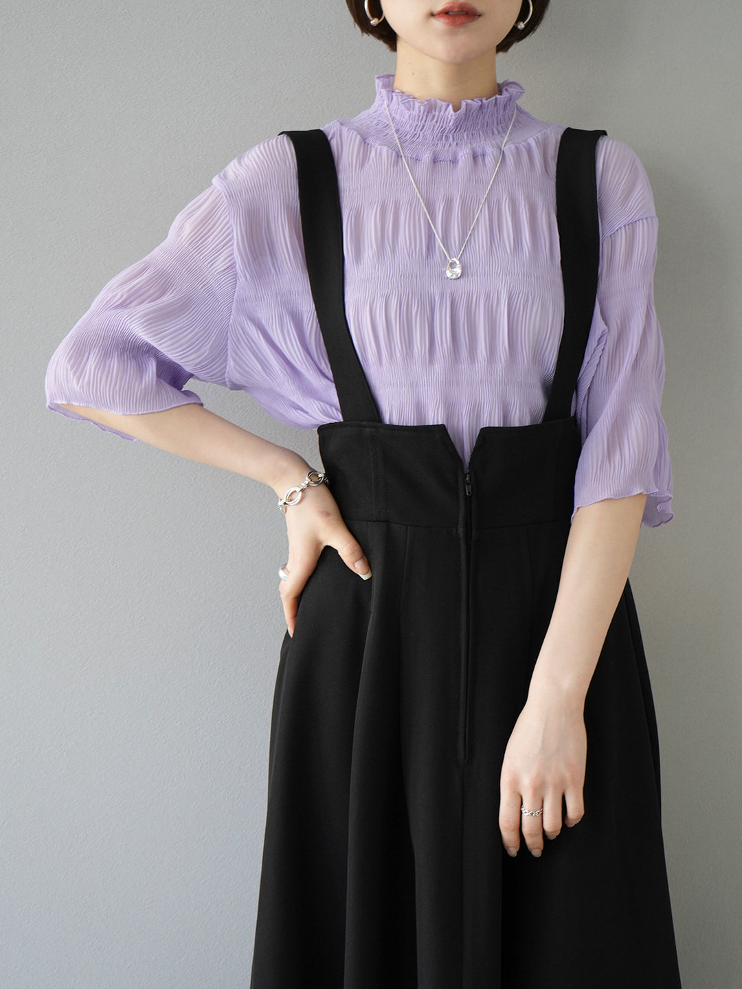 [SET] Shirring chiffon half sleeve blouse + 2WAY flare jumper skirt (2set)