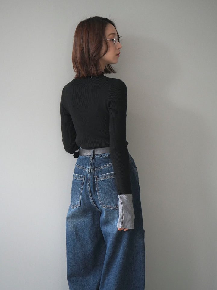 [予約]袖ボタンハイネック配色リブニットトップス/black