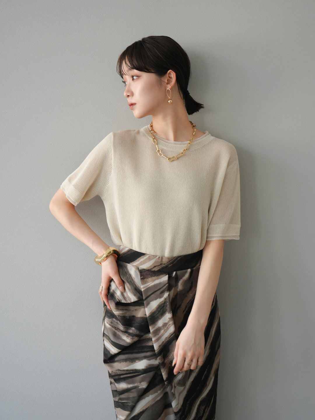 [SET]リネンタッチ配色二重臼ハーフニットトップス+選べるアソート柄スカートセット(2set)