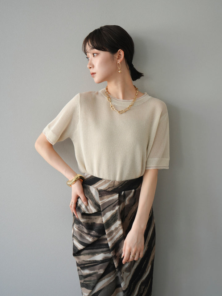 [SET]リネンタッチ配色二重臼ハーフニットトップス+選べるアソート柄スカートセット(2set)