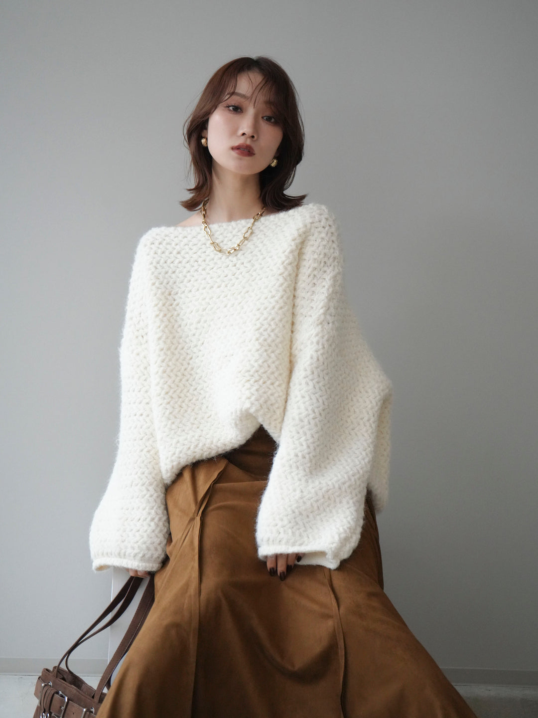 [予約]ワッフル編みオーバーニットプルオーバー/off