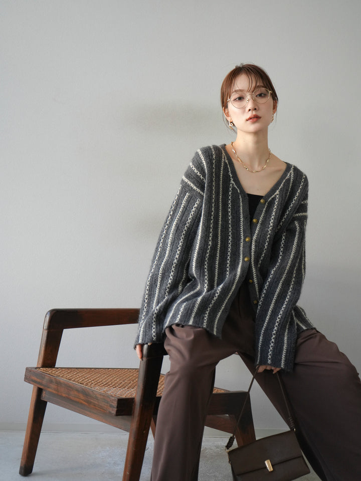 [予約]ストライプVネックニットカーディガン/グレー