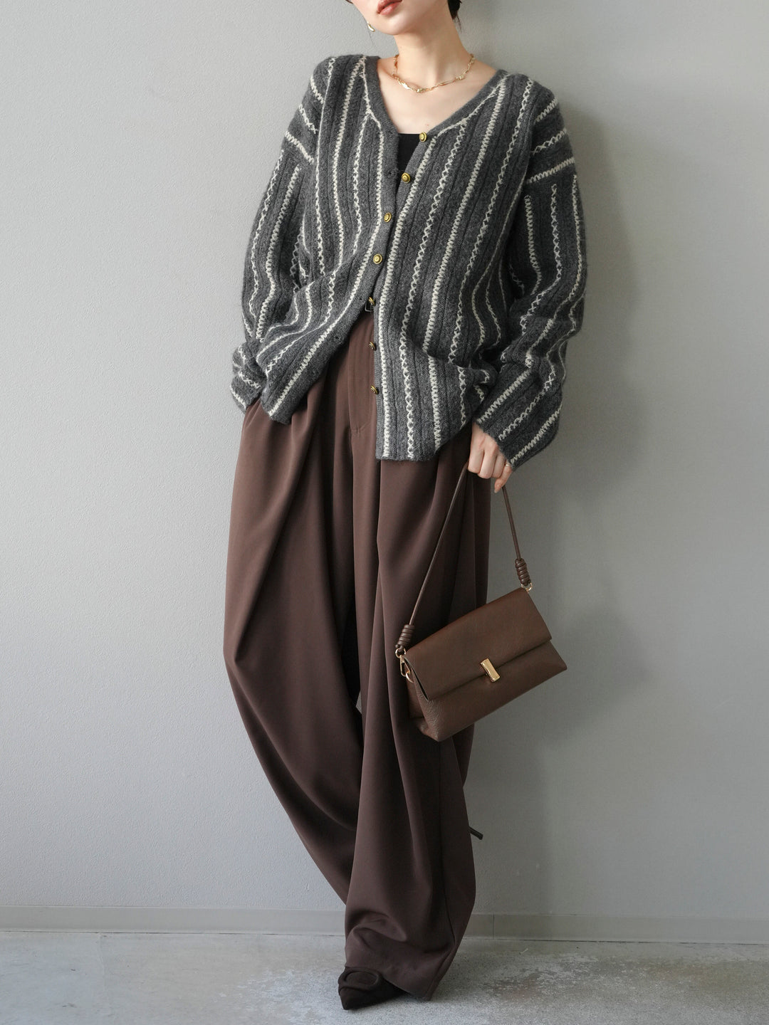 [予約]ストライプVネックニットカーディガン/グレー