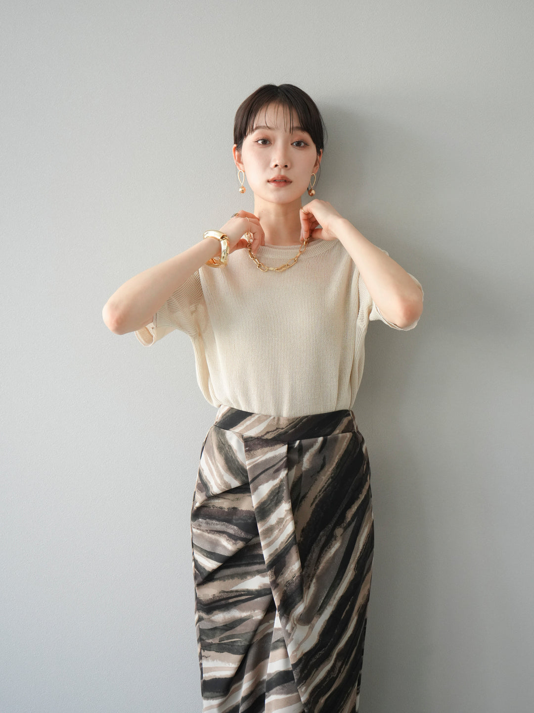 [SET]リネンタッチ配色二重臼ハーフニットトップス+選べるアソート柄スカートセット(2set)