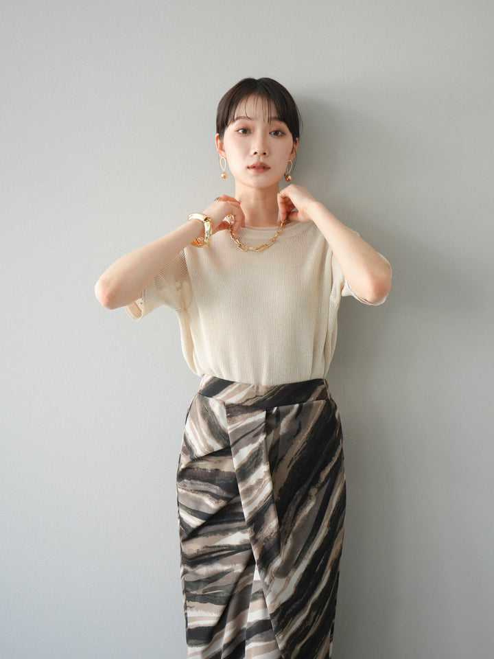 [SET]リネンタッチ配色二重臼ハーフニットトップス+選べるアソート柄スカートセット(2set)