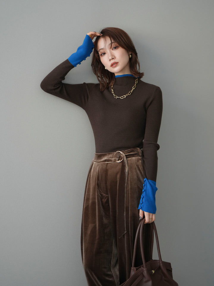 [予約]袖ボタンハイネック配色リブニットトップス/brown