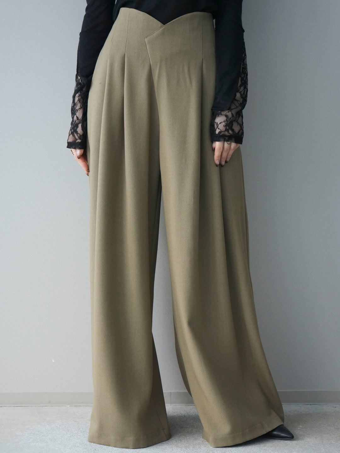 [予約]デザインハイウエストワイドパンツ/olive