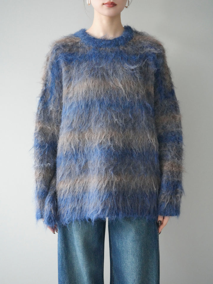 [予約]ストール付シャギーマルチボーダーニットプルオーバー/blue