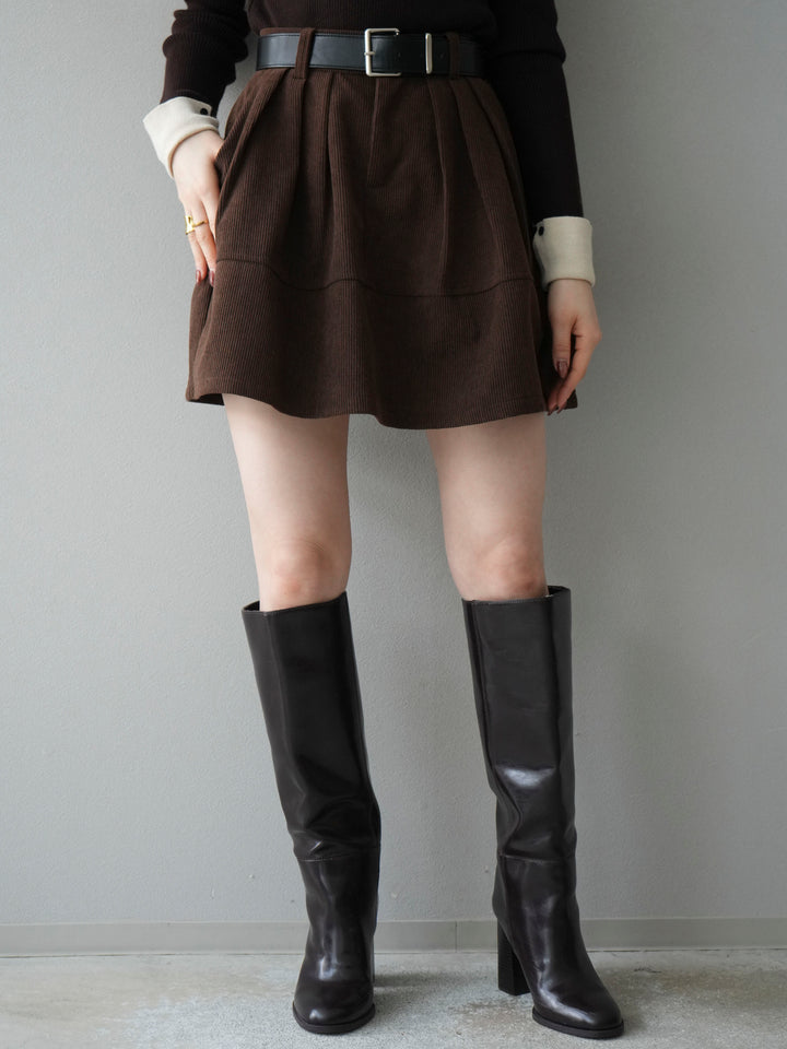 [予約]ベルト付インパンコーデュロイタックフレアスカート/brown