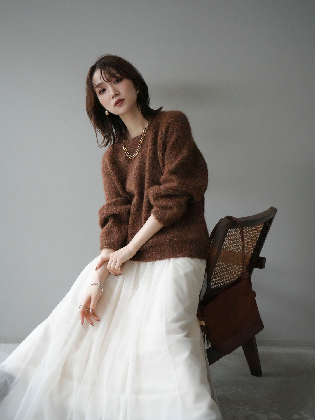 【預購】Logo標籤混紡紗線針織套頭衫/褐色