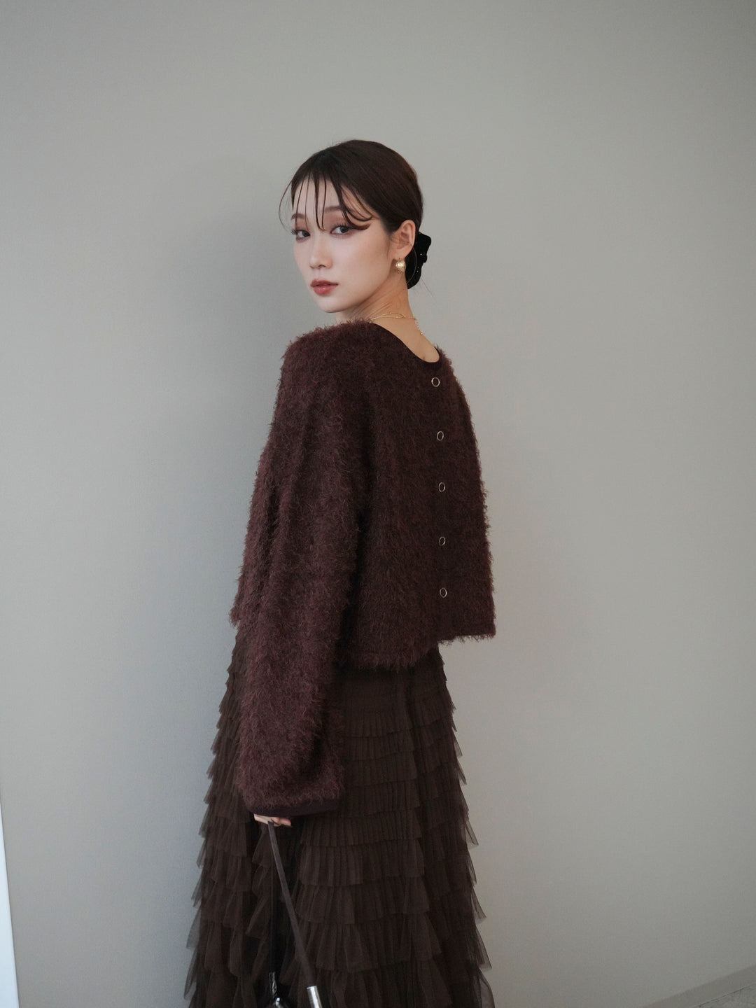 [予約]バイカラー2WAYシャギーニットカーディガン/brown