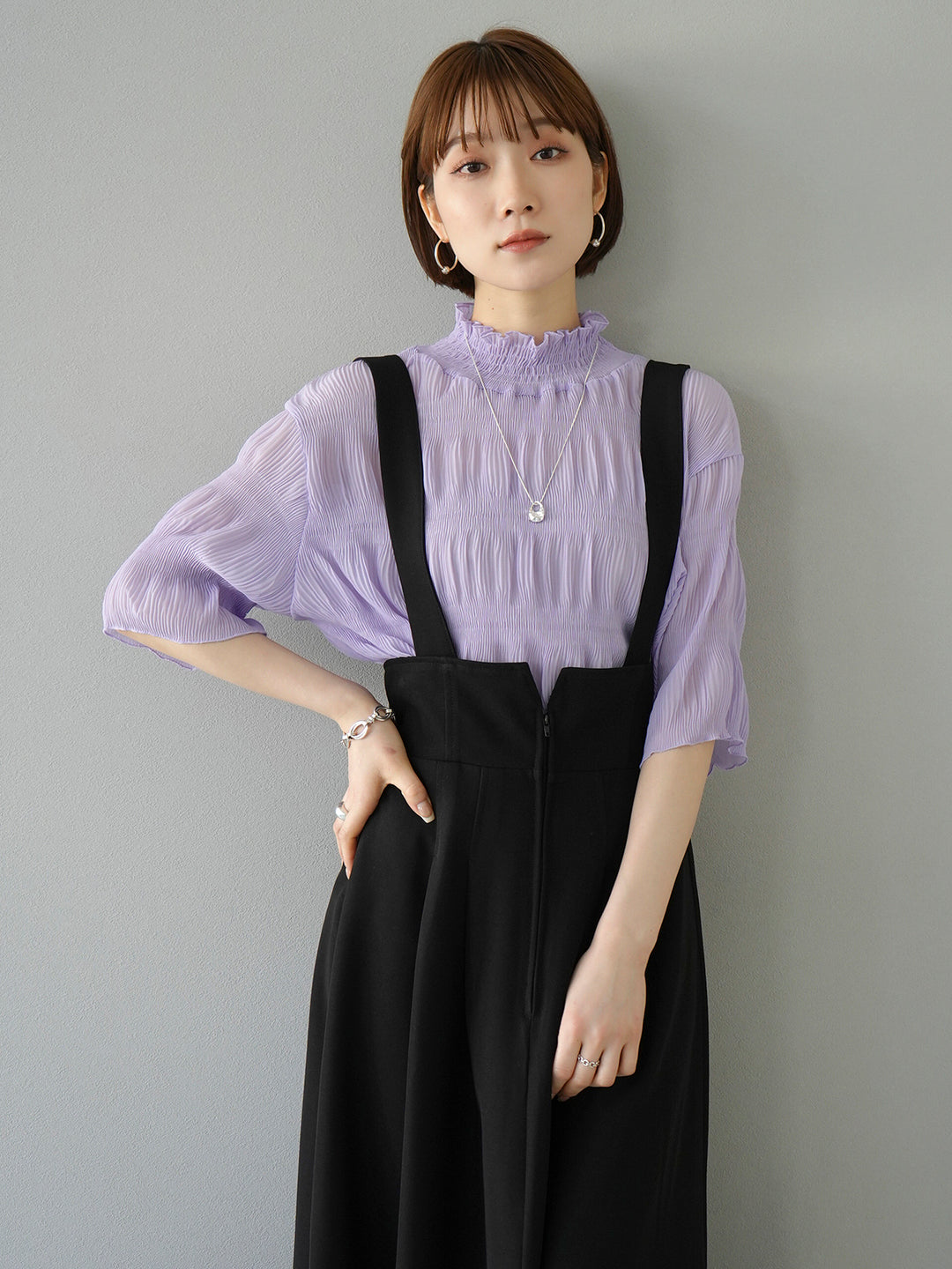 [SET] Shirring chiffon half sleeve blouse + 2WAY flare jumper skirt (2set)