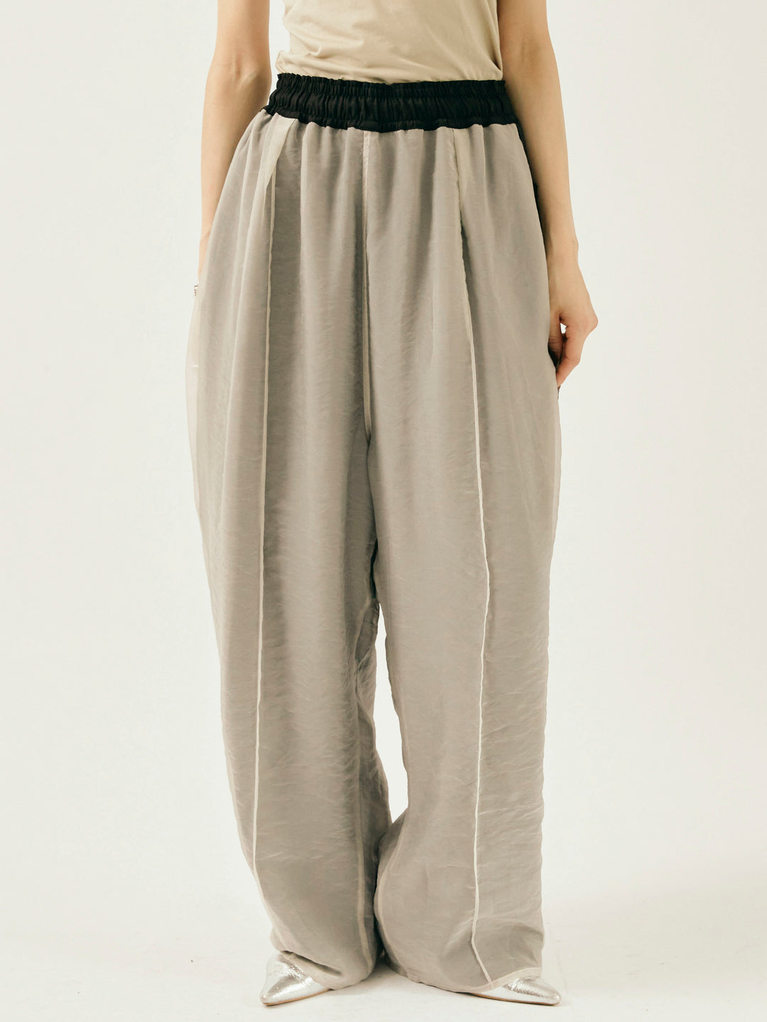 [予約]オーガンジーレイヤードサイドラインパンツ/グレージュ