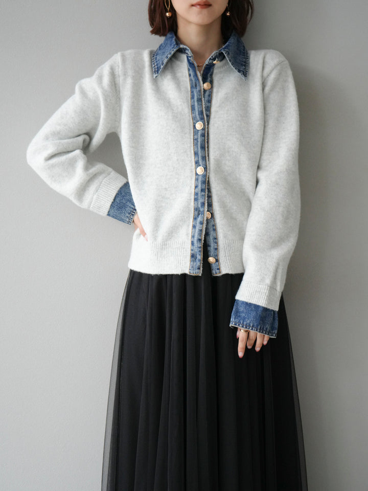 [予約]デニム襟ボタンニットカーディガン/オートミール