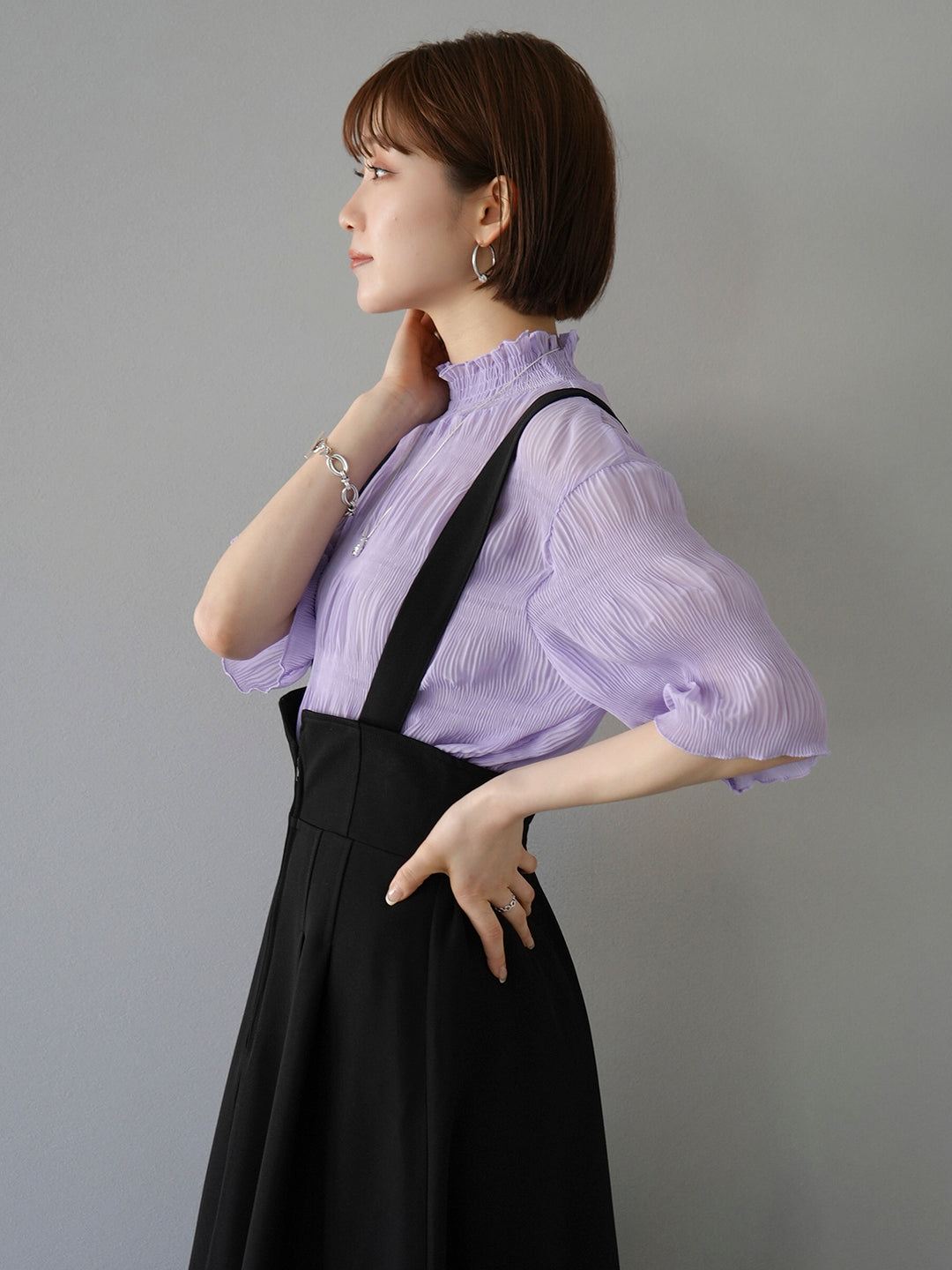 [SET] Shirring chiffon half sleeve blouse + 2WAY flare jumper skirt (2set)