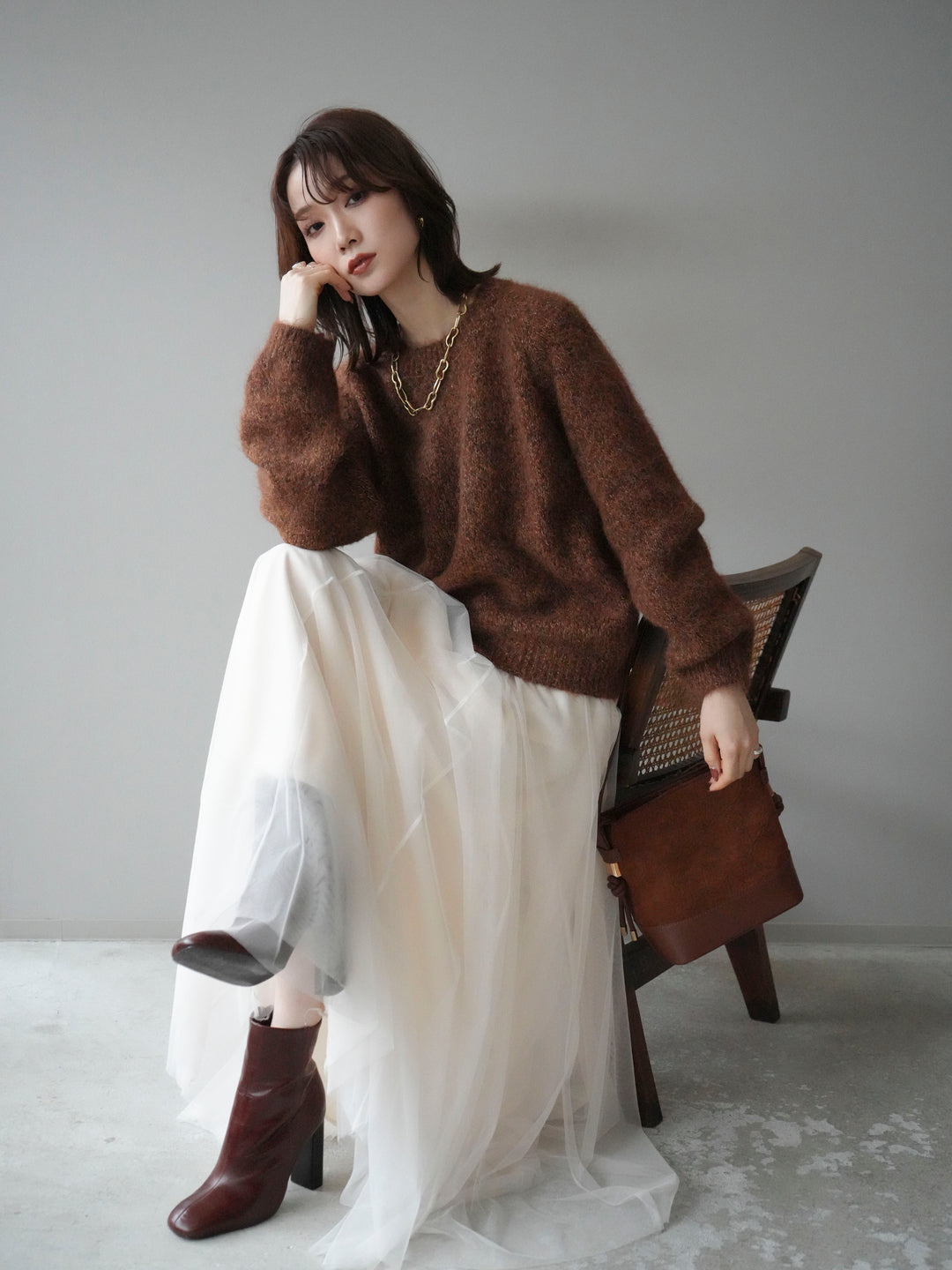 [SET]ロゴラベルミックスヤーンニットプルオーバー+チュールボリュームスカート(2set)