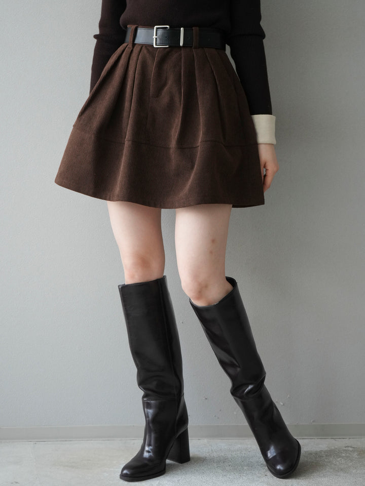 [予約]ベルト付インパンコーデュロイタックフレアスカート/brown