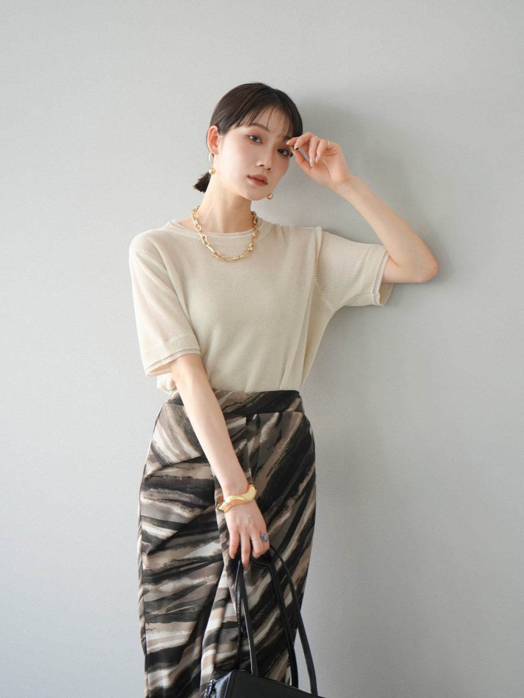 [SET]リネンタッチ配色二重臼ハーフニットトップス+選べるアソート柄スカートセット(2set)