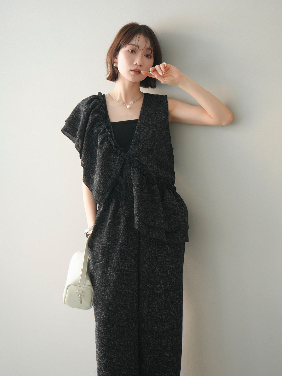 [SET]3WAYミックスツイードギャザーオールインワン+選べるアクセセット(2set)