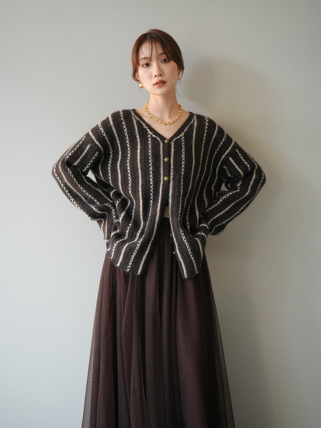 [予約]ストライプVネックニットカーディガン/ブラウン