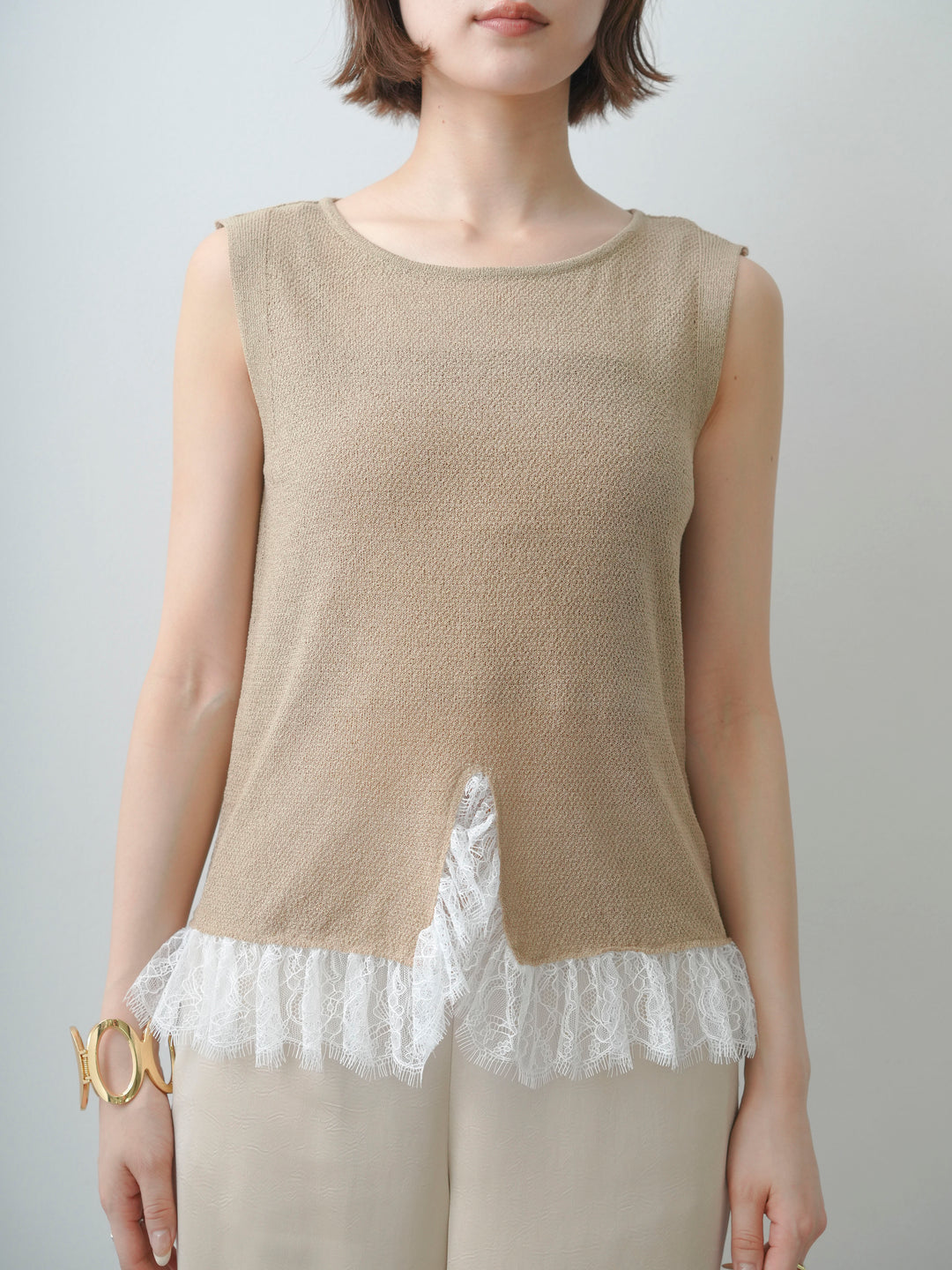 [予約]レースドッキングノースリニットトップス/beige