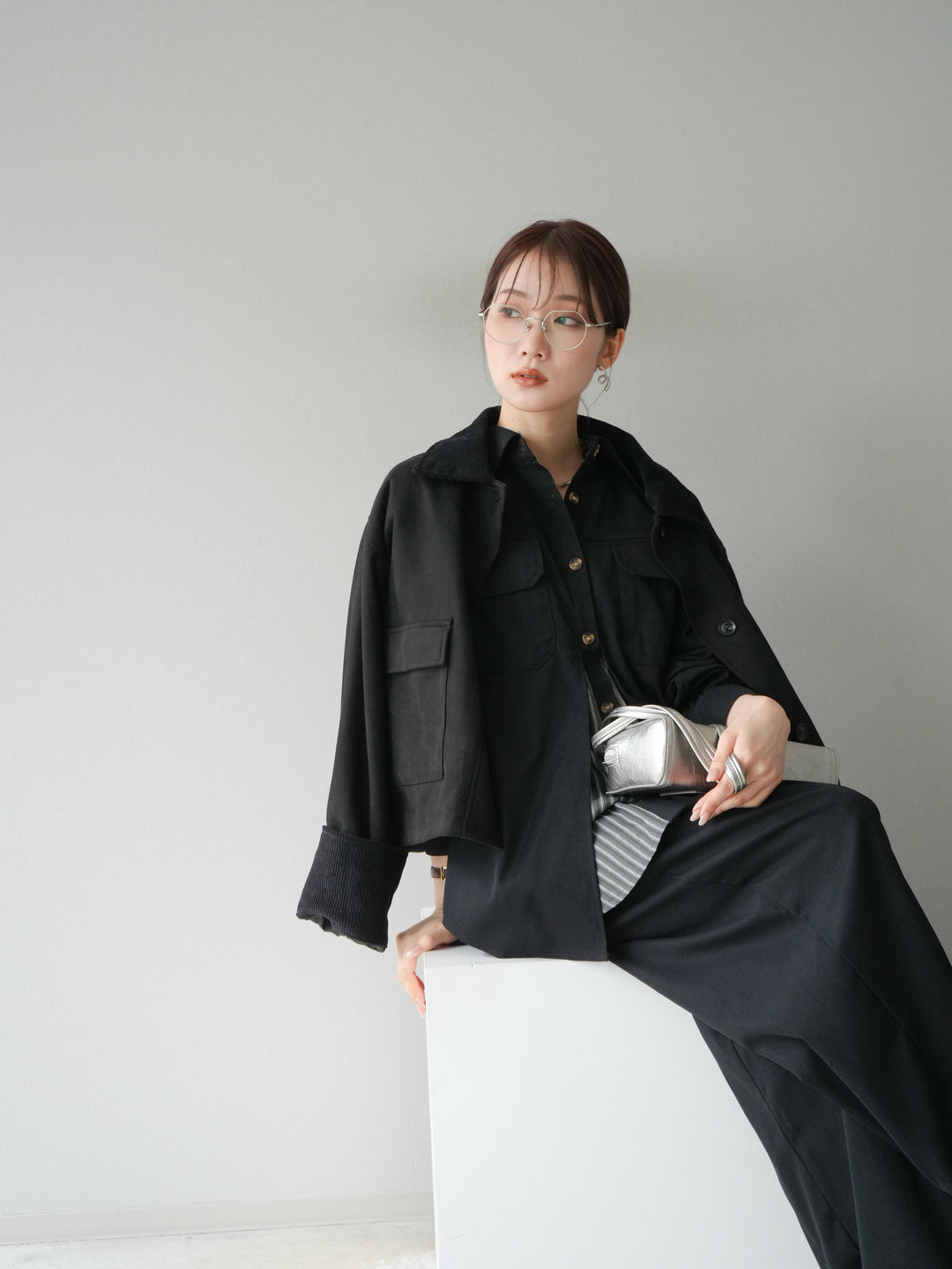 [予約]コーデュロイ切替スウェードショートジャケット/ブラック