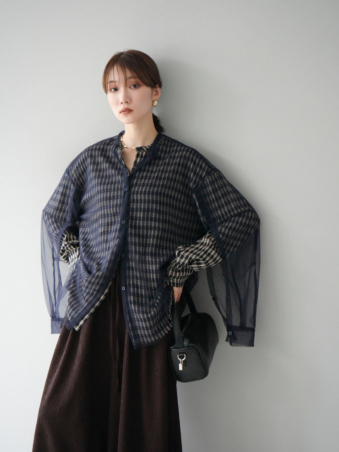 [予約]チェック柄2WAYスリーブバンドカラーシャツ/ベージュブラック