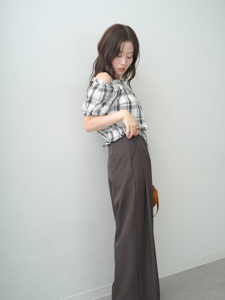 [SET]チェックギャザーオフショルトップス+ベルトループデザインワイドパンツ(2set)