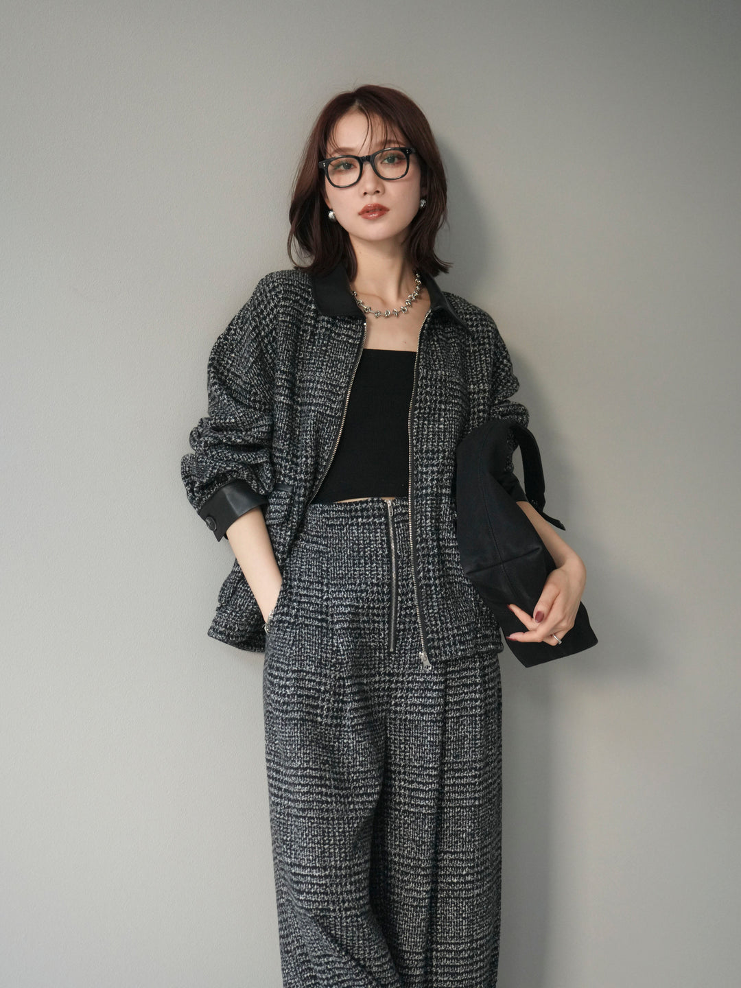 [予約]レザー襟ミックスツイードジャケット/black