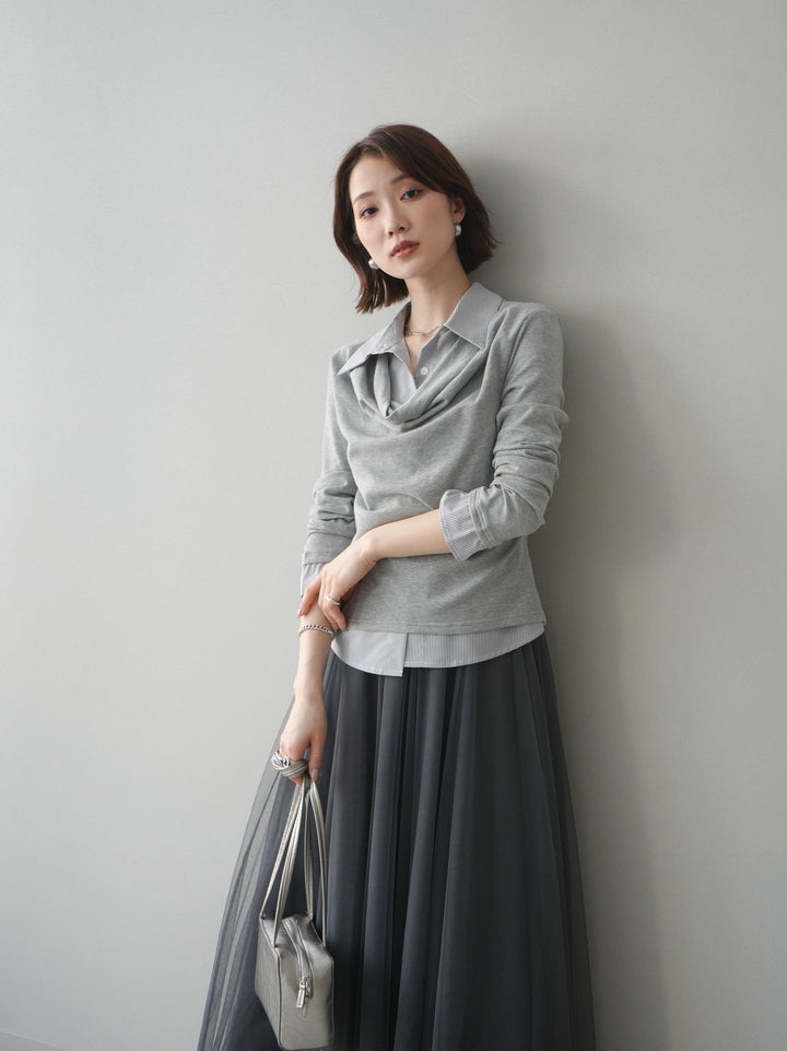 [予約]ストライプドッキングシャツドレープカットソー/gray