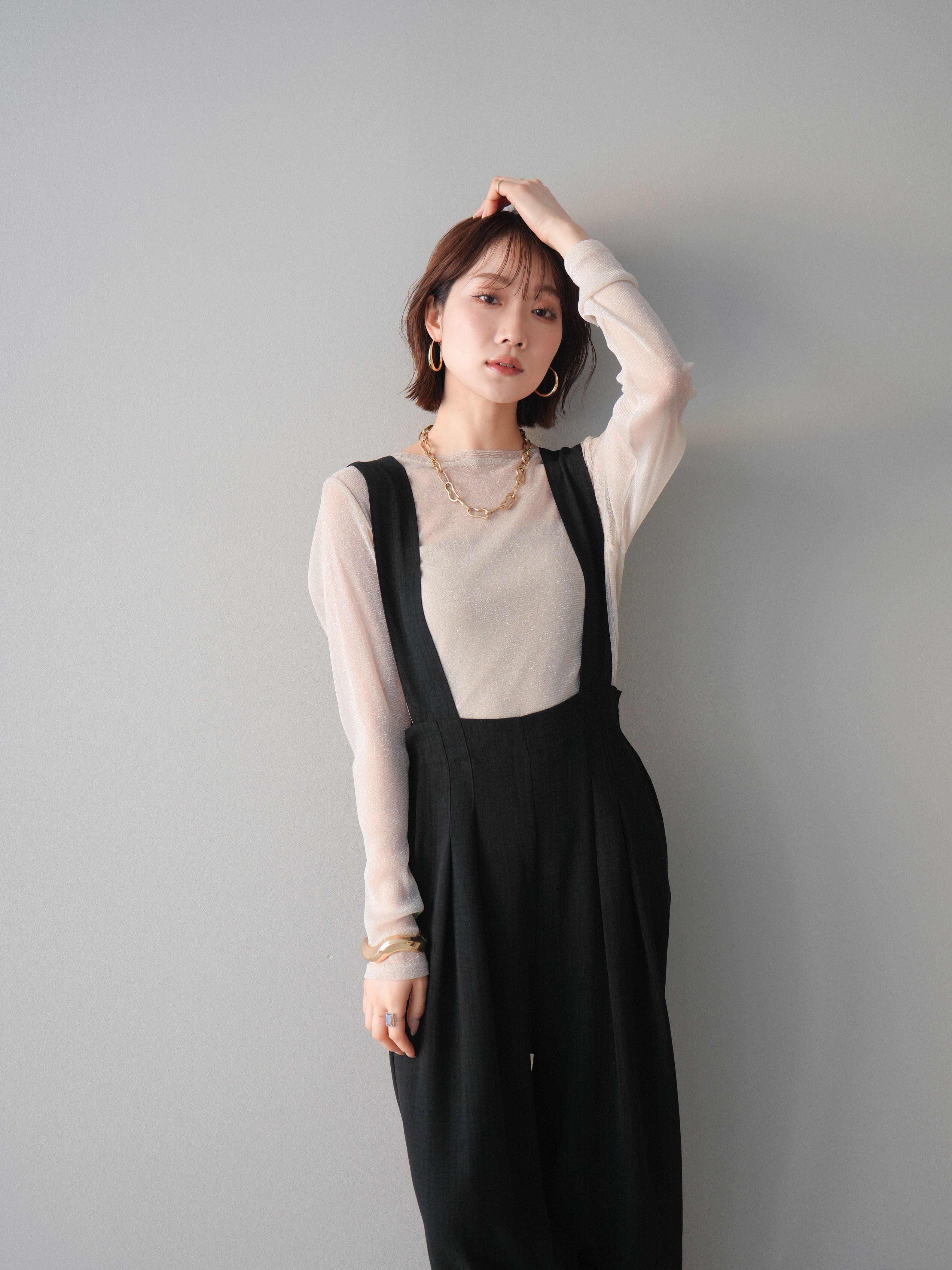 ★あゆ‼︎★ champdelarose サロペット　ブラック 予約]シボ加工ハイウエストタックサロペット/black – Lumier