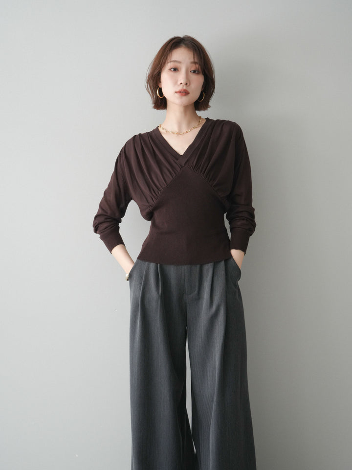 [予約]サイドギャザーVネックニットプルオーバー/brown