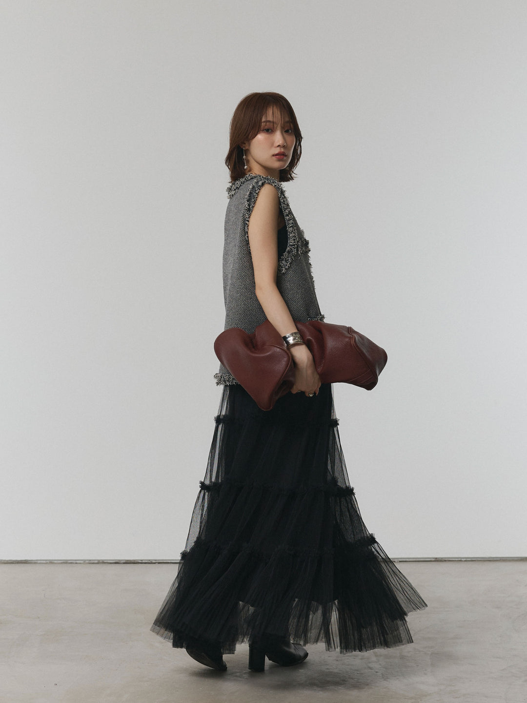 【Allure】[SET]アンティークボタンツイードフリンジニットベスト+チュールティアードフレアスカート(2set)