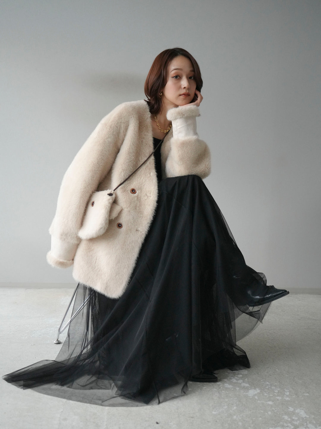 [SET]バッグ付エコファーノーカラーコート+チュールボリュームスカート(2set)