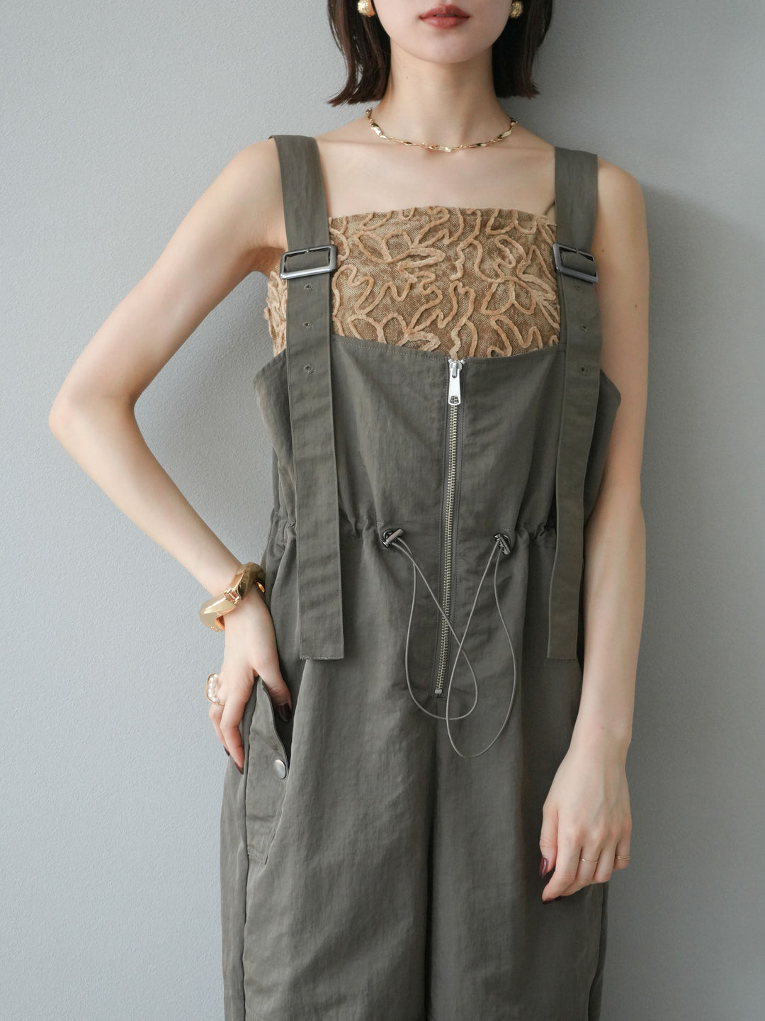 [予約]ナイロンタックデザインサロペット/カーキ