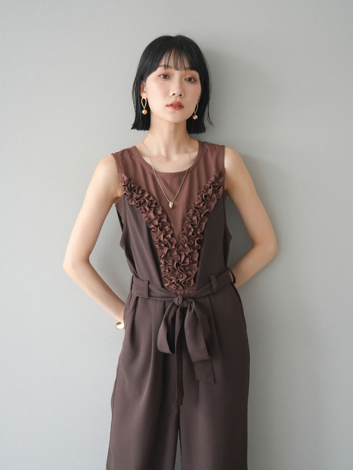 [預購] 荷葉邊設計連身褲/棕色