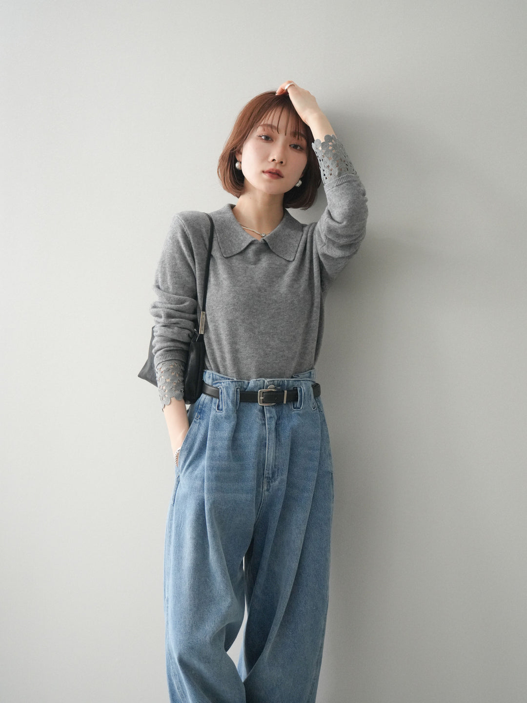 [SET]スカラップレース袖襟付きニットトップス+選べるアクセセット(2set)