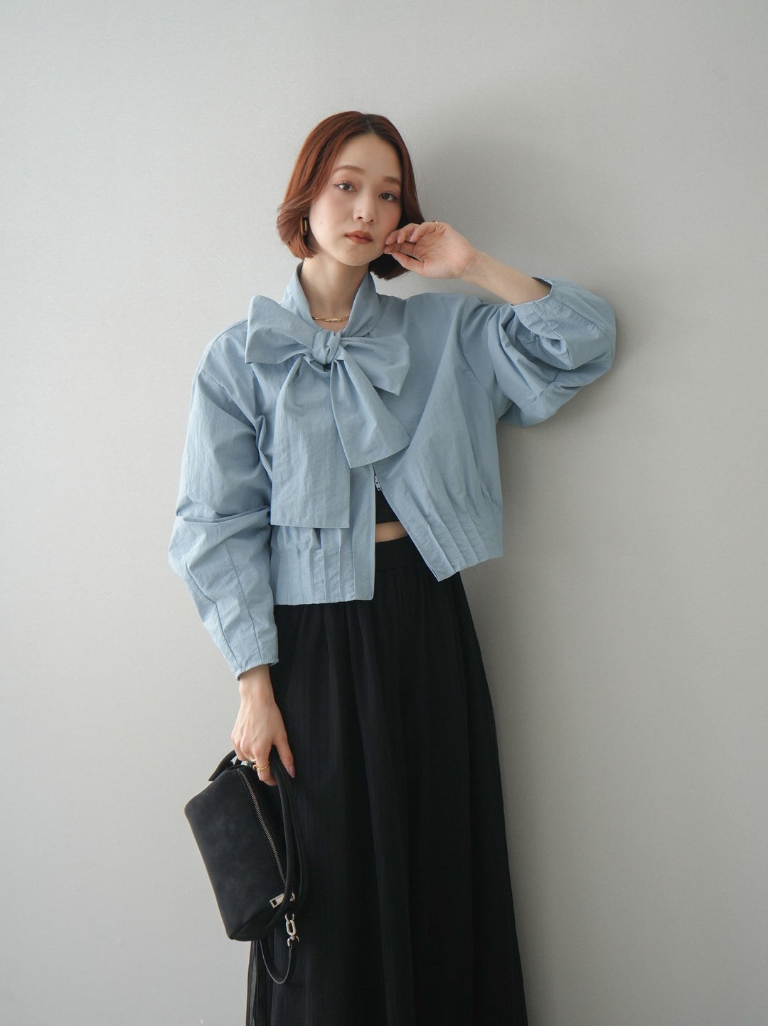 [SET]ボウタイ裾プリーツライトジャケット+ストライプチュールボリュームバギーパンツ(2set)