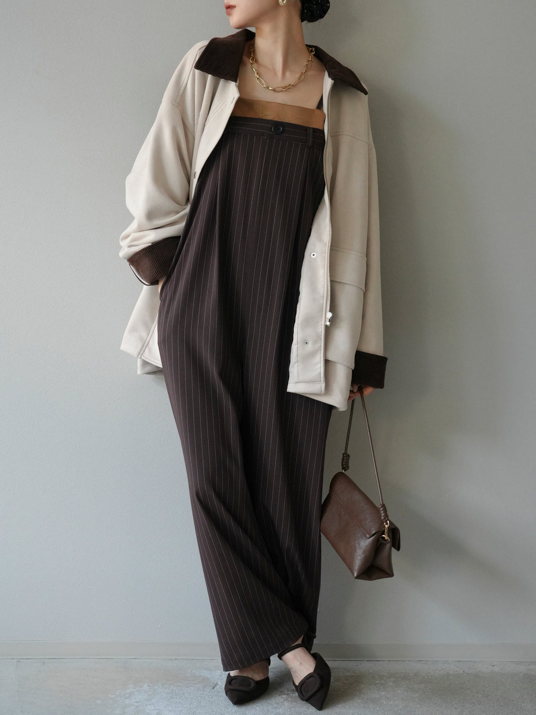 [予約]サテン切替ピンストライプサロペット/ブラウン