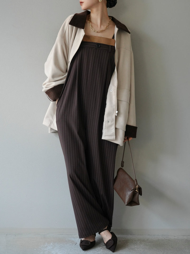 [予約]サテン切替ピンストライプサロペット/ブラウン