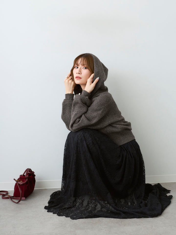 [SET]メランジボリュームスリーブフードニットカーディガン+ベロアレースドレープフレアスカート(2set)