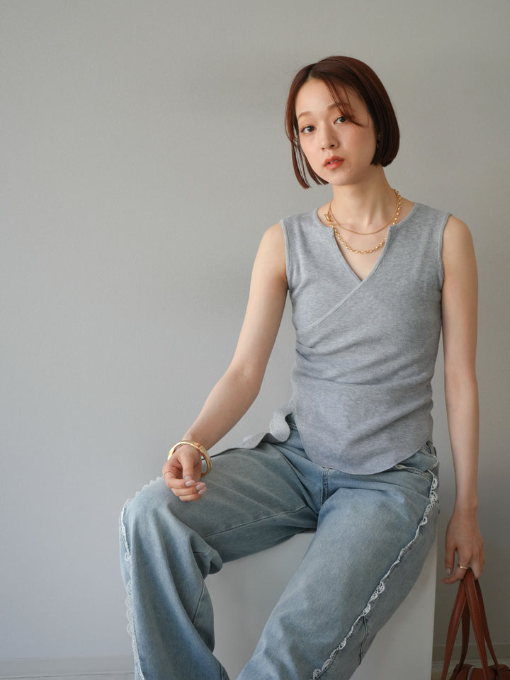 [SET]カシュクールノースリーブニットトップス+ラインレースデニムパンツ(2set)