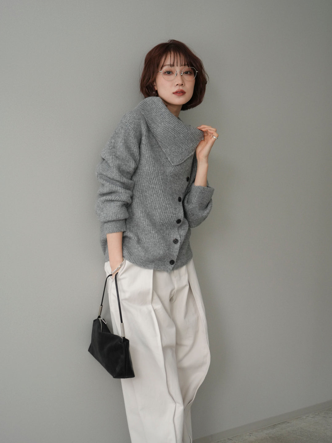 [SET]ハイネックデザインボタンニットカーディガン+選べるアクセセット(2set)