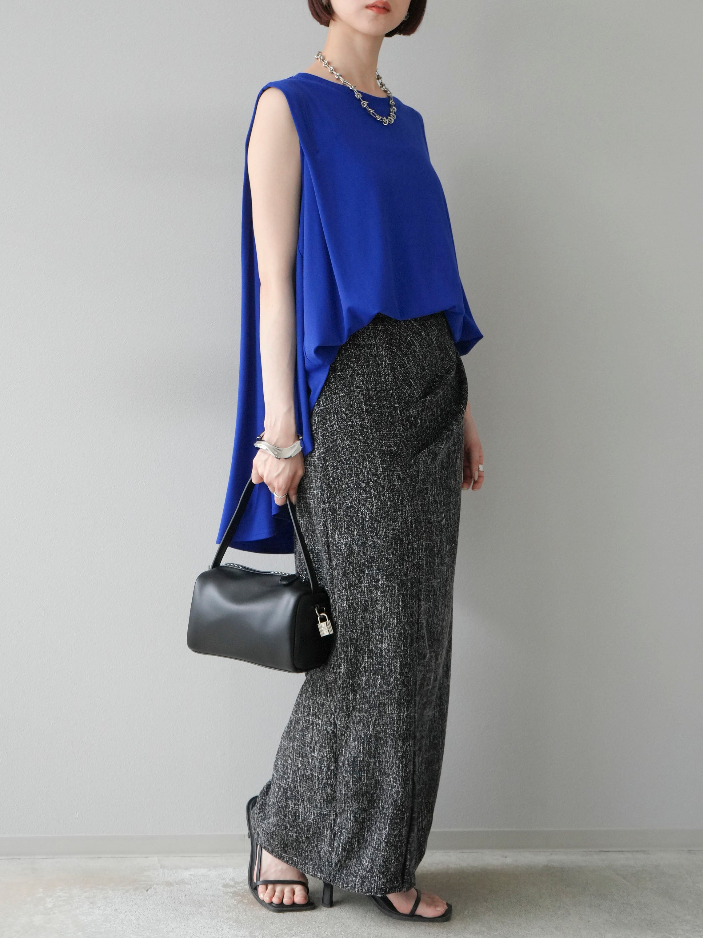 予約]サマーツイードタックサイドスリットスカート/ブラック