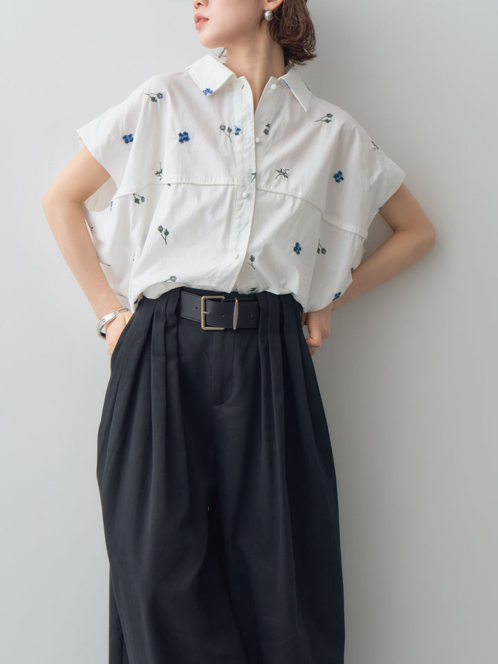 【套裝】花卉刺繡燈籠無袖襯衫+腰帶設計環扣闊腿褲（兩件套）