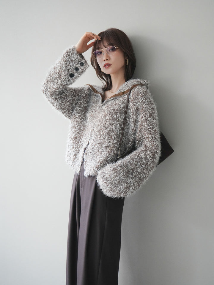 [予約]ミックスシャギージップニットカーディガン/brown