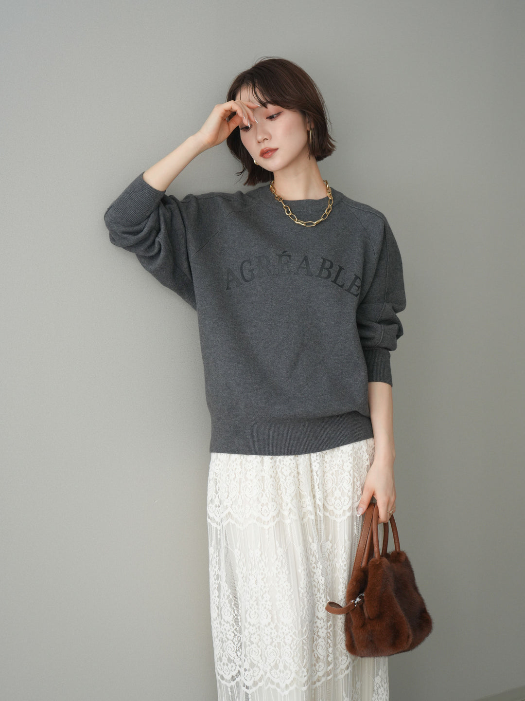 [予約]半ラバープリントロゴスウェットライクニットプルオーバー/mokucharcoal