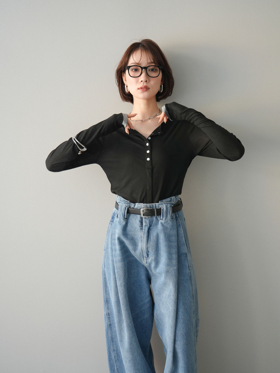 [予約]シアーリブバイカラーカーディガン/black