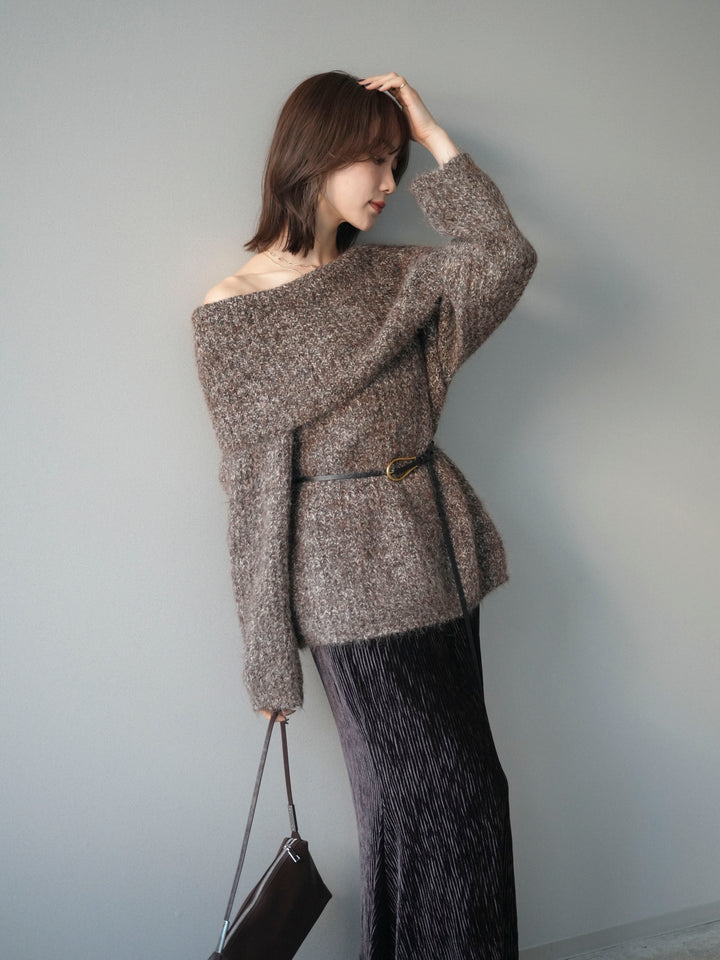[予約]オフショルミックスニットプルオーバー/brown