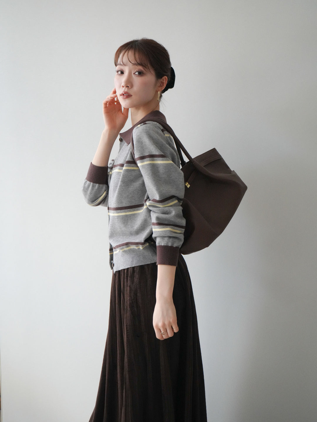 [予約]配色マルチボーダーポロニットカーディガン/gray